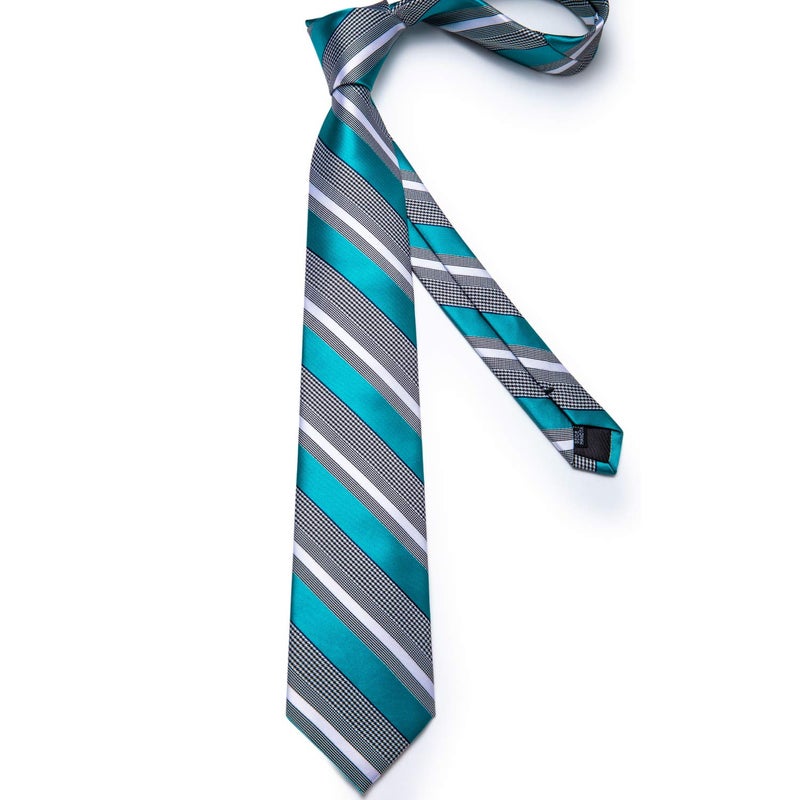 DiBanGu Mens Tie Set Silk Necktie and Gold Tie Ring Pocket Square Cufflinks Formal Business Wedding Ties with Gift Box, Teal and Grey - Image 5